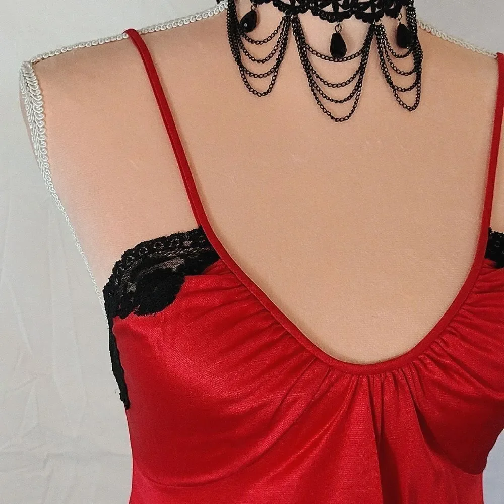 VTG 60s USA‎ Red Black Nylon Scoop Neck Babydoll Lingerie Slip Small RARE - Picture 5 of 16
